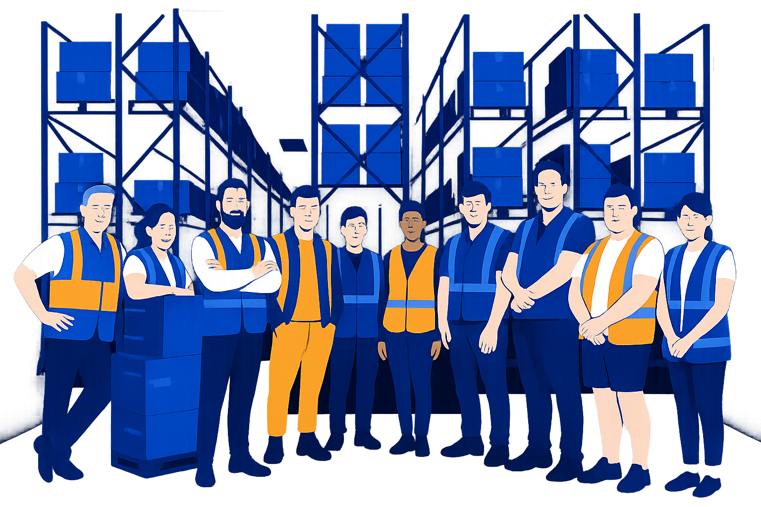 Farfill team illustrated in blue and orange colors standing in front of warehouse shelving