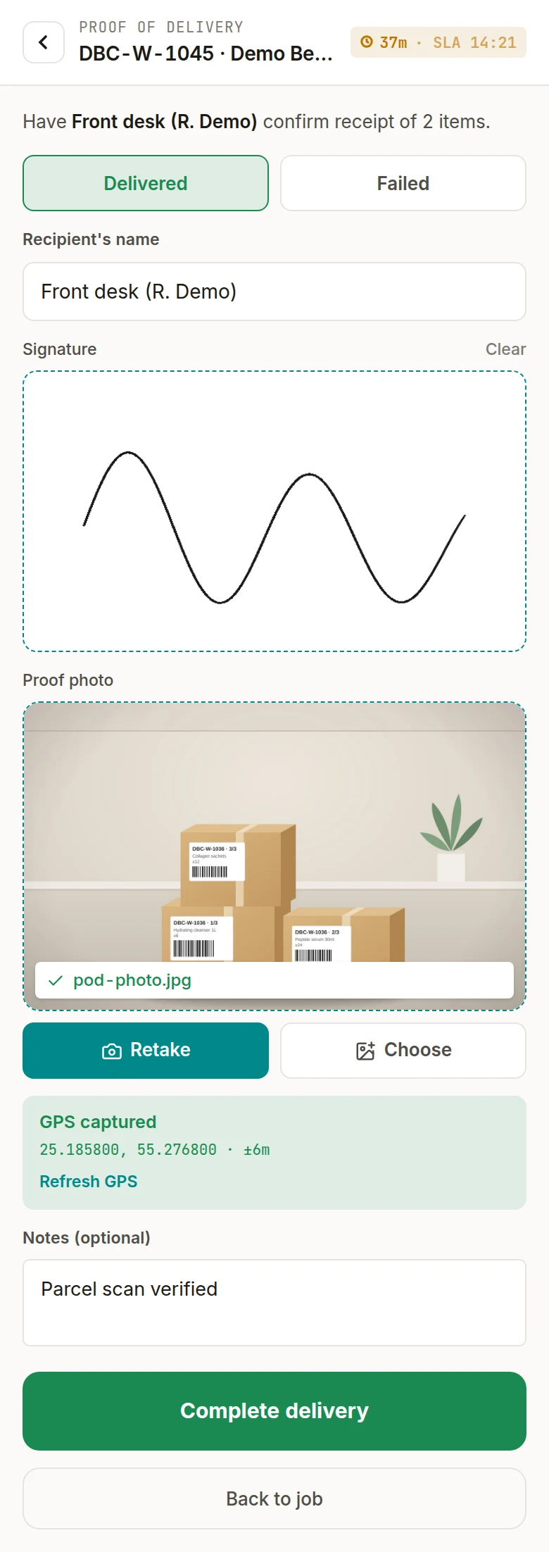Proof of delivery form with recipient name, signature, photo and GPS captured