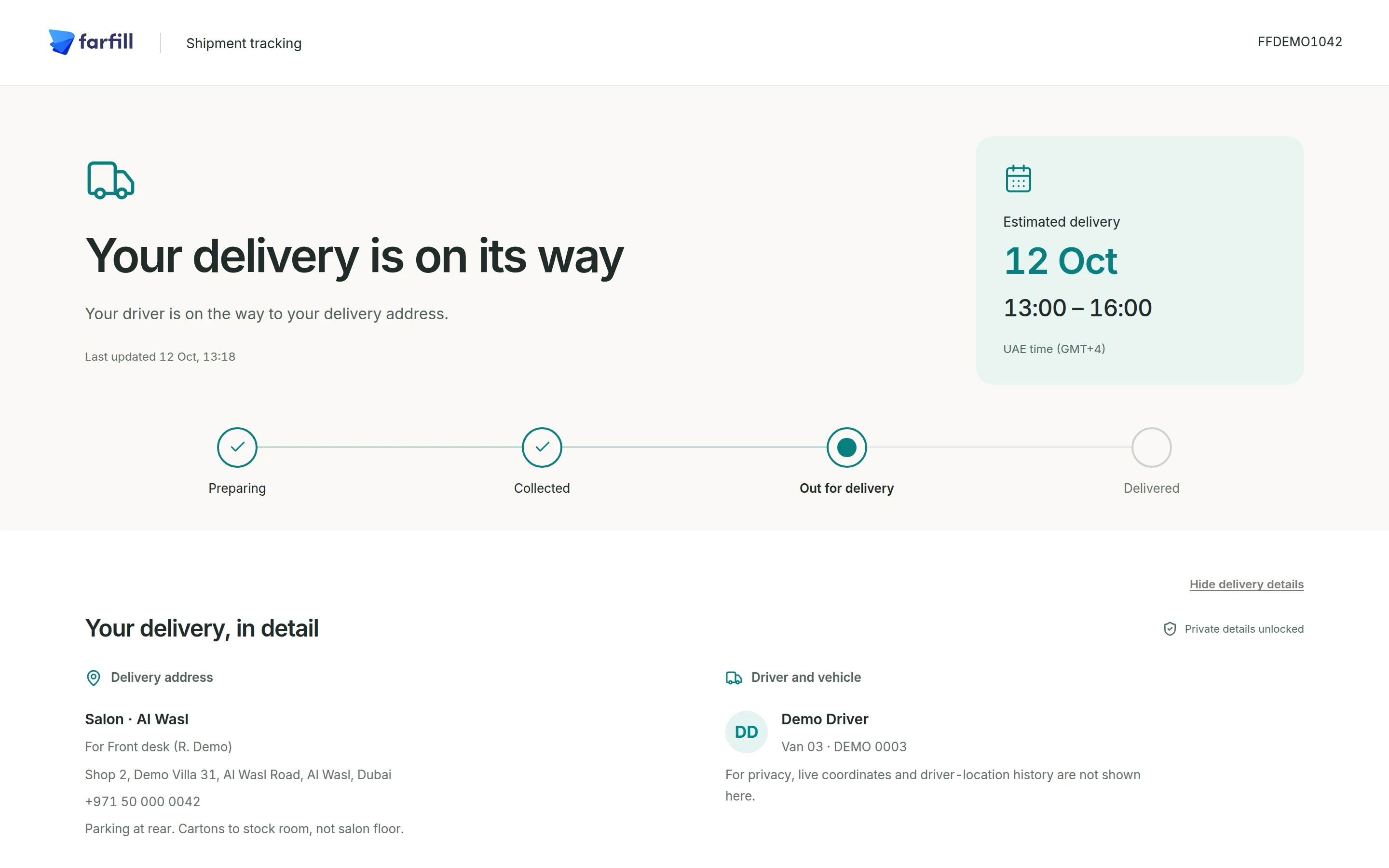 Customer tracking page on desktop showing the estimated delivery date and progress