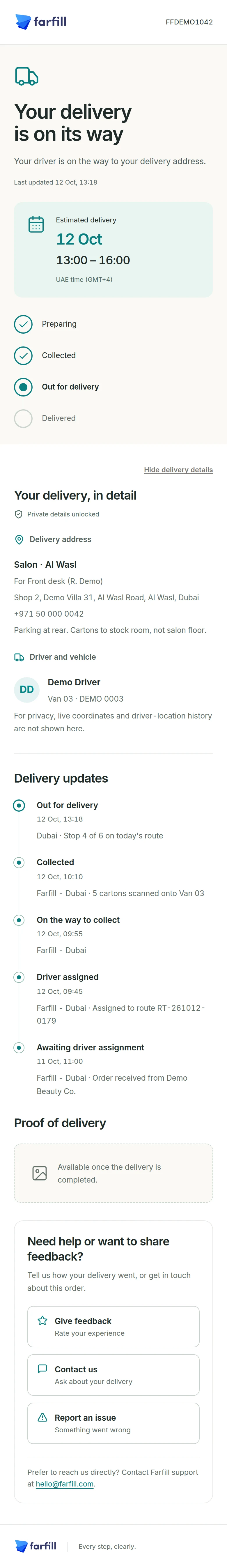 Farfill Shipping customer tracking page for an order out for delivery, with the delivery date, progress and proof of delivery