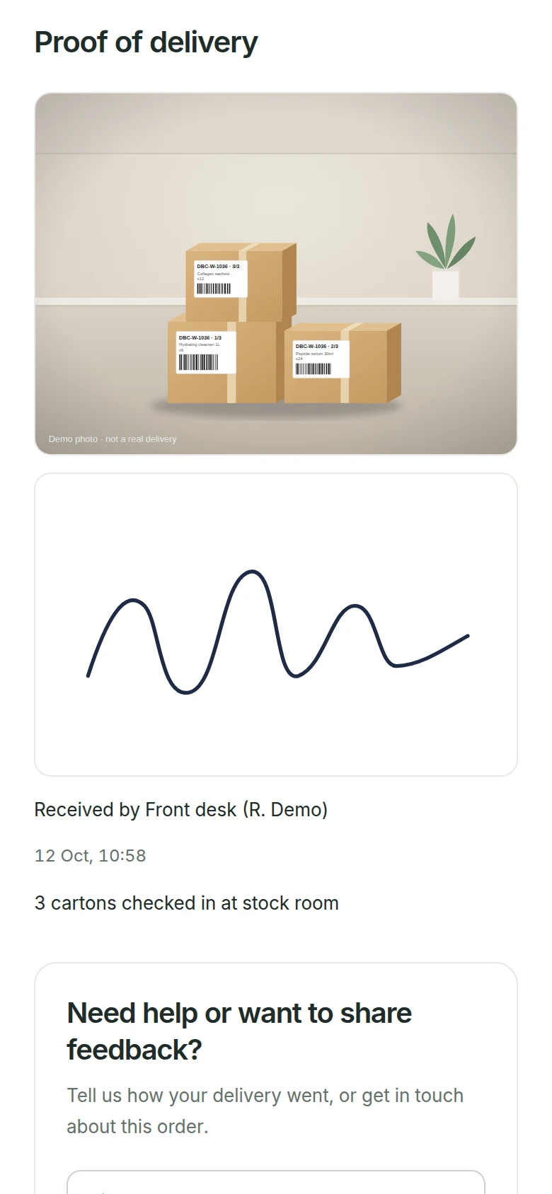 Customer tracking page showing the proof of delivery photo, signature and who received the order